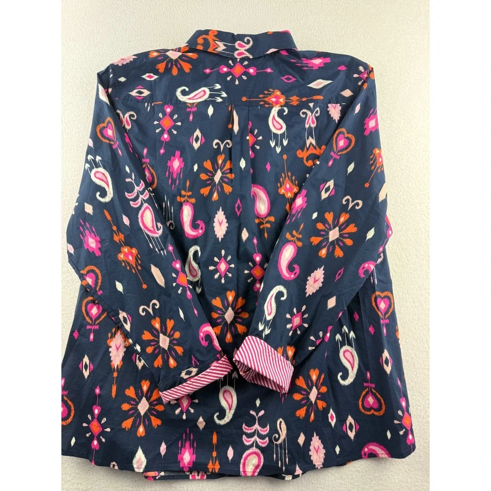 Talbots Petite XLP Navy Blue Ikat Paisley Cotton Button Up Shirt Long Sleeve - Picture 8 of 8